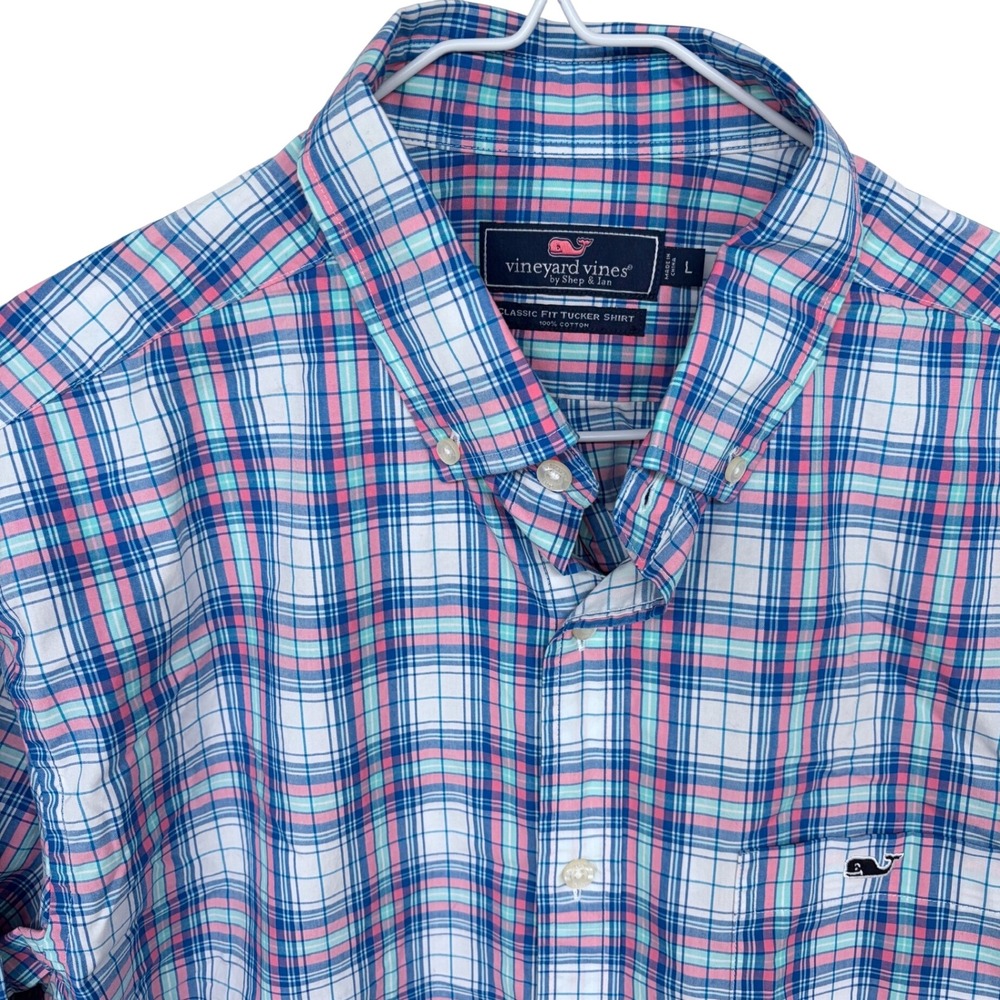 Vineyard Vines Classic Fit Tucker Shirt Large Plaid‎ Long Sleeve Blue White Pink